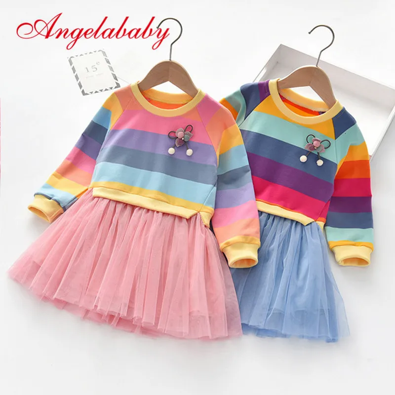 

Spring and Autumn girls long sleeve dress striped mesh princess dresses for kids casual rainbow children clothes