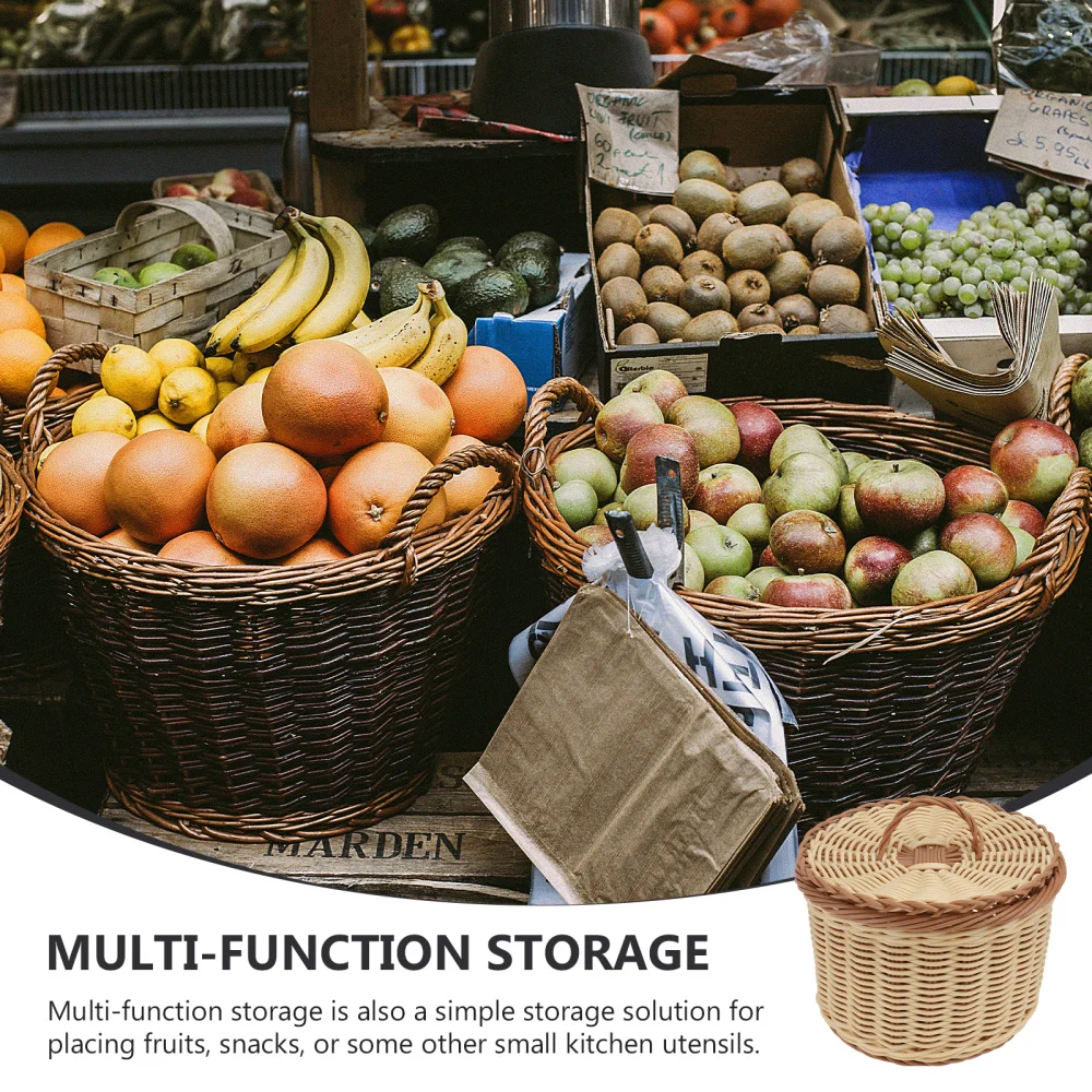 

1Pc Simulated Rattan Woven Basket Bread Fruit Storage Basket with Lid