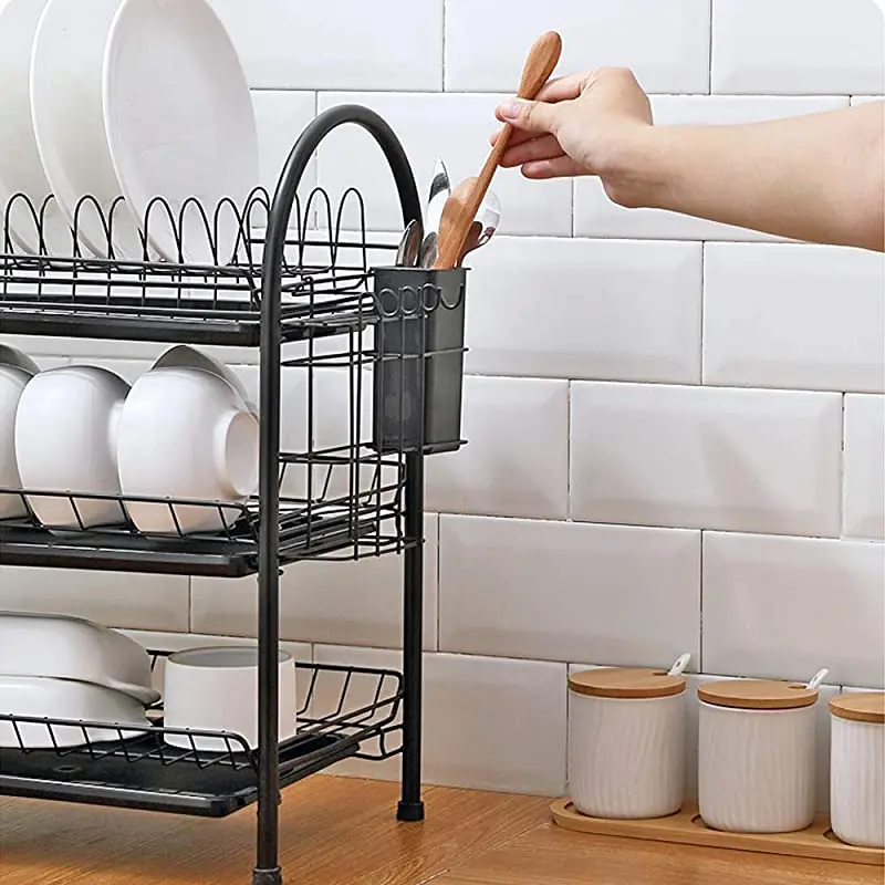 

2021tableware cup drying tray basket knife and fork storage rackKitchen 3-layer black sink tableware rack drainer organizer