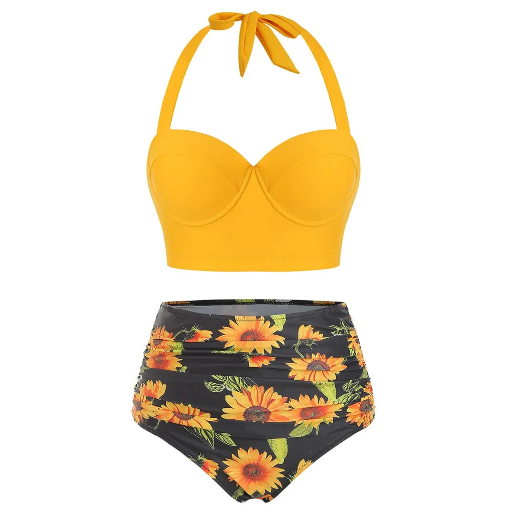 Купальник с цветочным принтом высокая талия пуш ап укороченный топ шорты