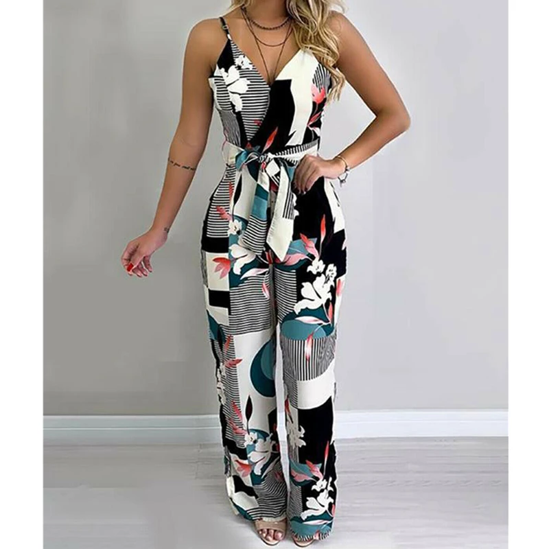 

Women Boho Romper Floral Casual Summer Jumpsuit Bodysuit Sleeveless Loose Long Pants Trousers Holiday Beach Female Overall