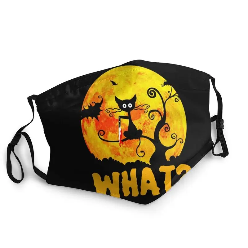 

Cartoon Black Cat What Reusable Mouth Face Mask Unisex Adult Halloween Kitten Mask Anti Haze Protection Cover Respirator Muffle