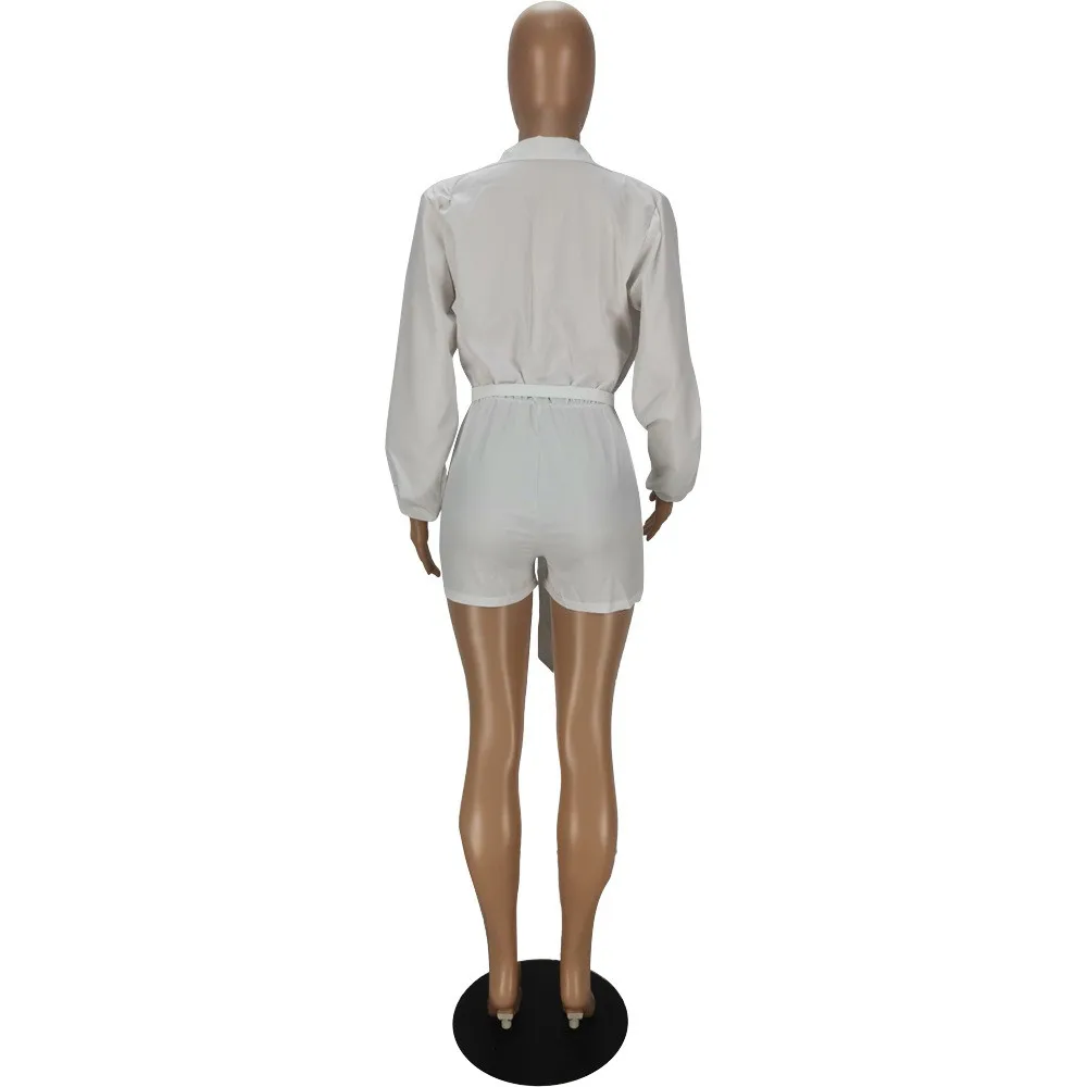 

Black White Women's Loose One Piece Overalls Turn Down Collar Long Sleeve Biker Playsuit Early Autumn High Waist Short Rompers