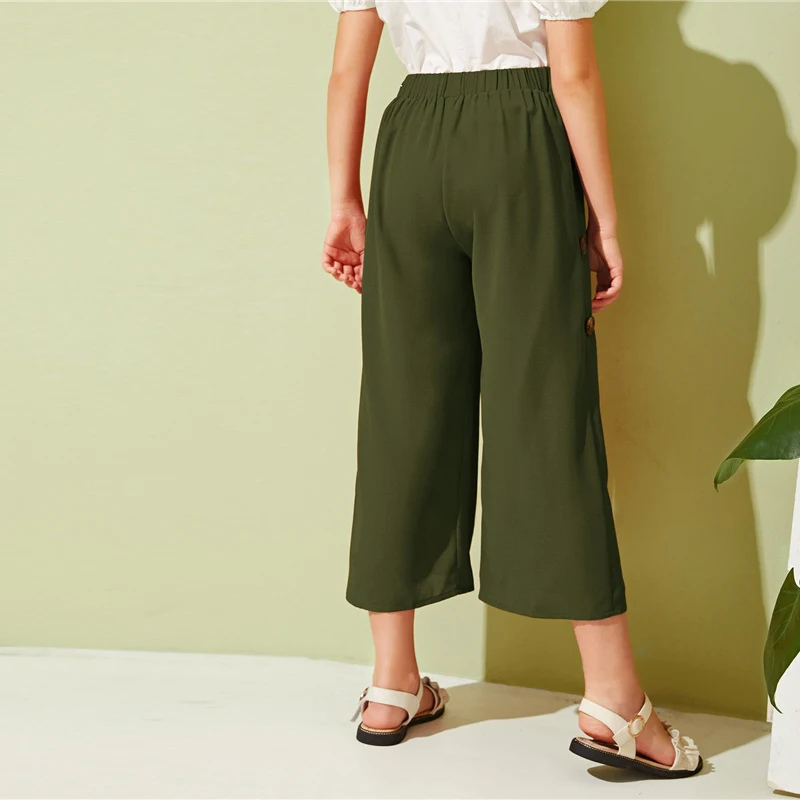 SHEIN Kiddie Girls Solid Button Side Pleated Palazzo Casual Pant Kids Bottom Summer High Waist Teenagers Loose Pants
