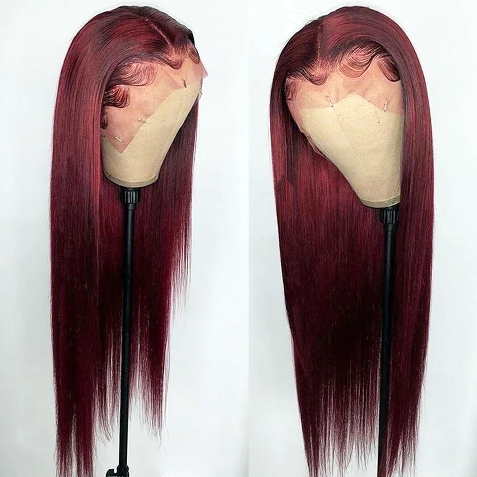 Прямые бордовые кружевные передние парики 99j цвет человеческие волосы с детскими