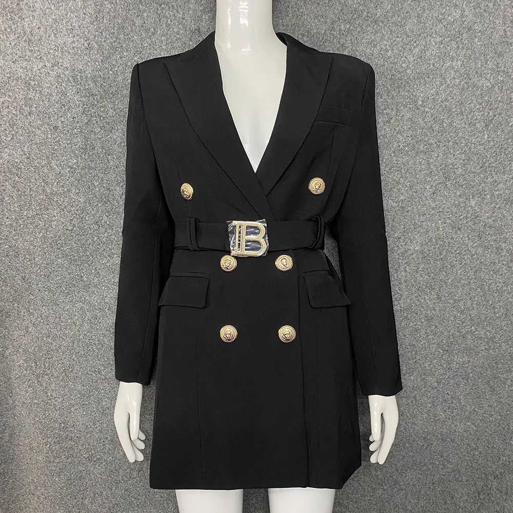 Black And White Long Sleeved Suit Dress Female 2021 Autumn And Winter New Ladies V-neck Button Belt Slim Temperament Party Dress