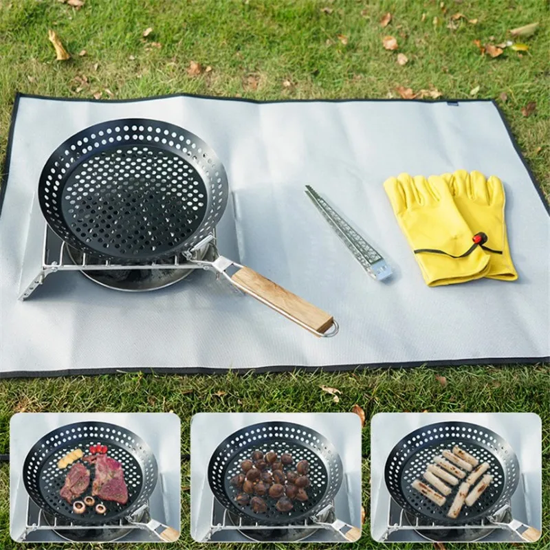 

1Pc Outdoor Camping Foldable Round Frying Pan Picnic BBQ Heat Resistant Steak Grilled Skillet multifunctional barbecue plate