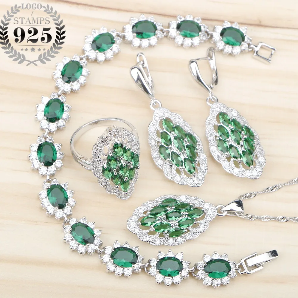 Новые серебряные 925 Зеленые циркониевые наборы свадебных ювелирных изделий