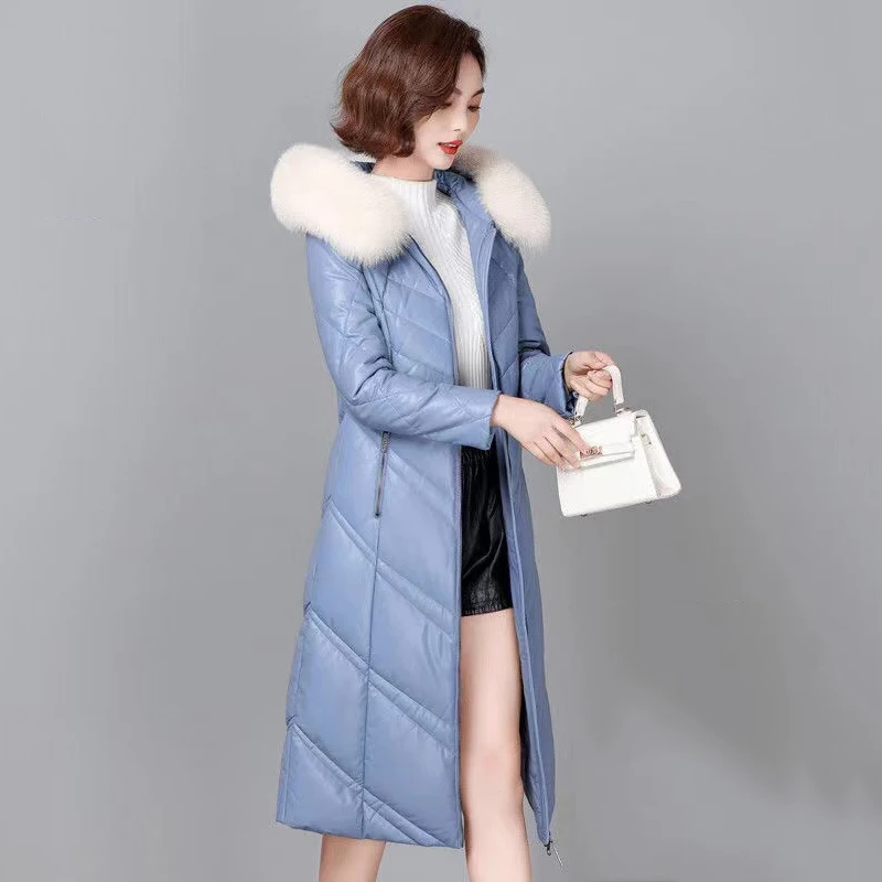 New Women Leather Down Jacket Autumn Winter 2022 Fashion Warm Hooded Real Fox Fur Collar Slim Long Sheepskin Down Coat  Female