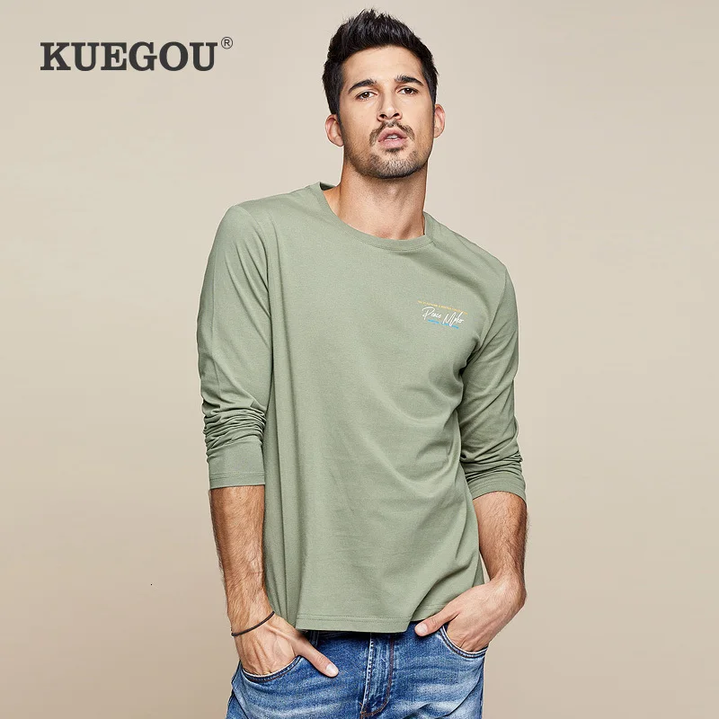 KUEGOU 2019 Autumn 100% Cotton Plain White Print T Shirt Men Tshirt Brand T-shirt Long Sleeve Tee Fashion Clothes Top 7749 | Мужская
