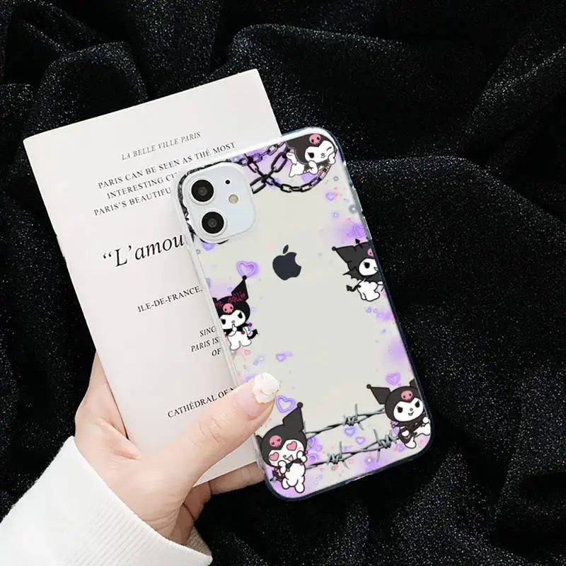 

Hot Kuromi Cute cartoon love heart Phone Case Transparent for iPhone 6 7 8 11 12 s mini pro X XS XR MAX Plus cover funda shell