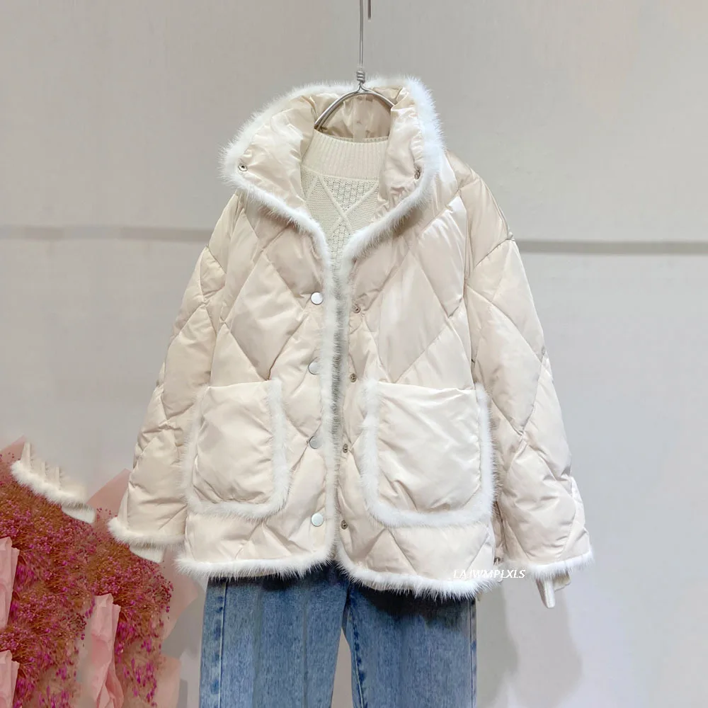2022 Mink Fur stitching Winter Down Jacket Women New 90% White Duck Down Coat Short Thick Jacket Female Parkas Windproof Outwear