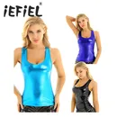 Модный женский короткий топ с блестящим металлическим блеском, Женский уличный топик, сексуальный облегающий укороченный Блестящий жилет без рукавов, топы