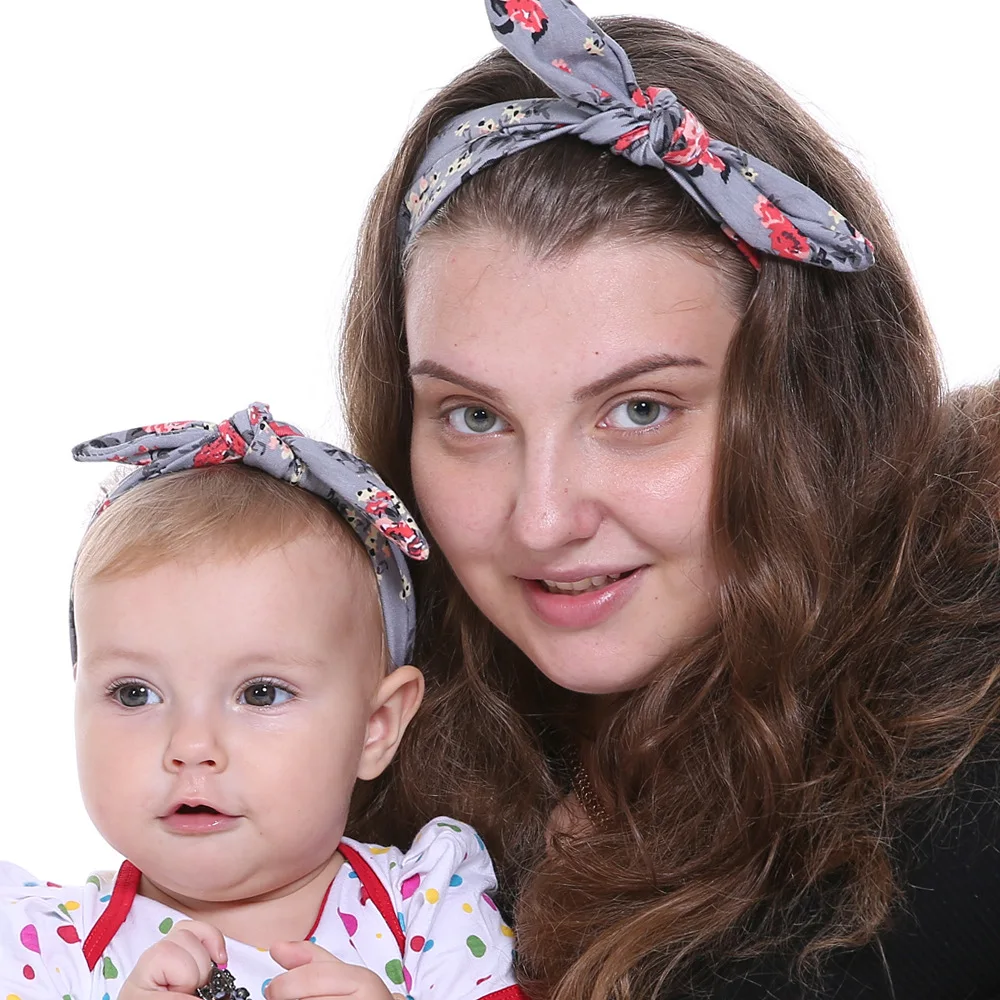 

Mom and Baby Colorful Flowers Pattern Bunny Ears Elastic Headband Cute Handmade Knotted Kids Hairband Print Headwear Photo Props