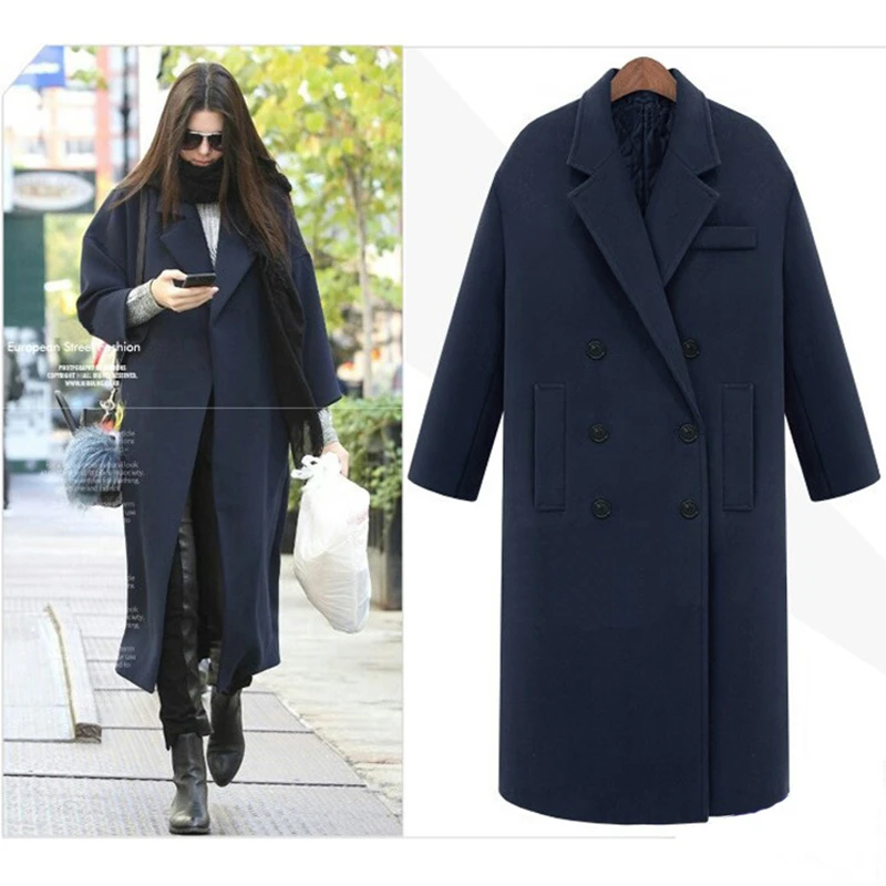 

2020 American autumn and winter models fashion slim double-breasted super long woolen coat plus cotton thick woolen coat women