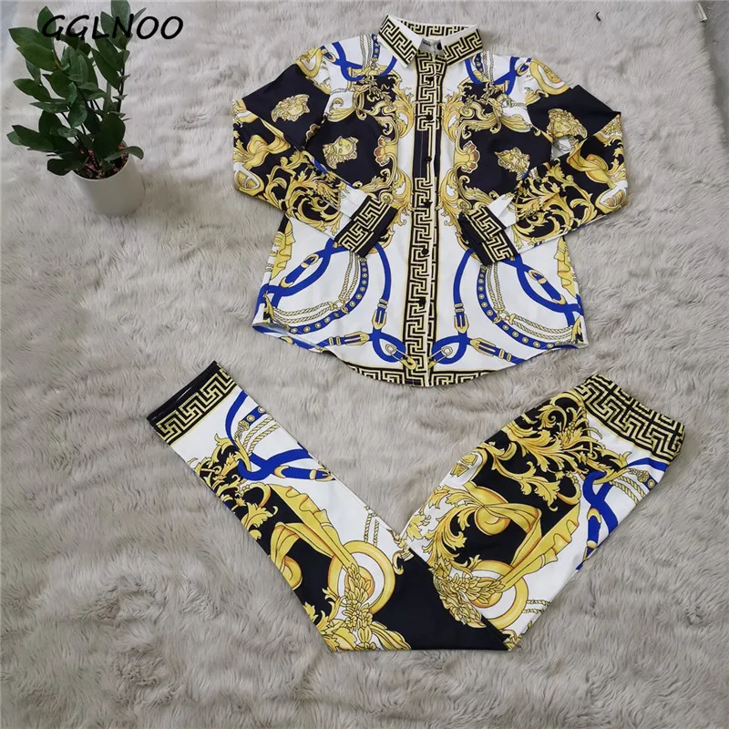 

GGLNOO 2021 Hot List High-end Vintage Regular Sexy Daily Full Sleeve Shirts Group Long Pants Slim Women 2 Piece Set