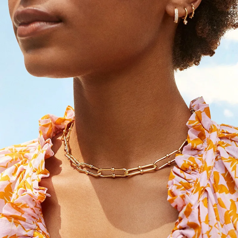 

SRCOI Punk Solid Oval Linked Chain Necklaces Minimalist Thick Chunky U-Buckle Chain Bamboo Necklace Pendant For Ladies Party