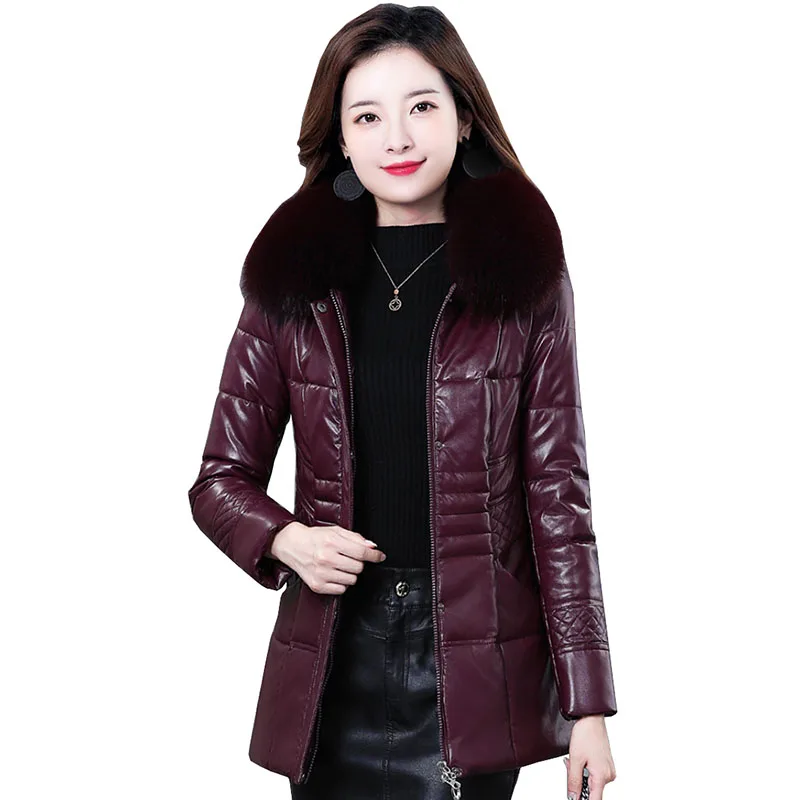 Add size 8XL Elegant Ladies Real Leather Coat Mother Women Winter Leather Overcoat Plus Cotton Thick Warm Jacket Female OK1290