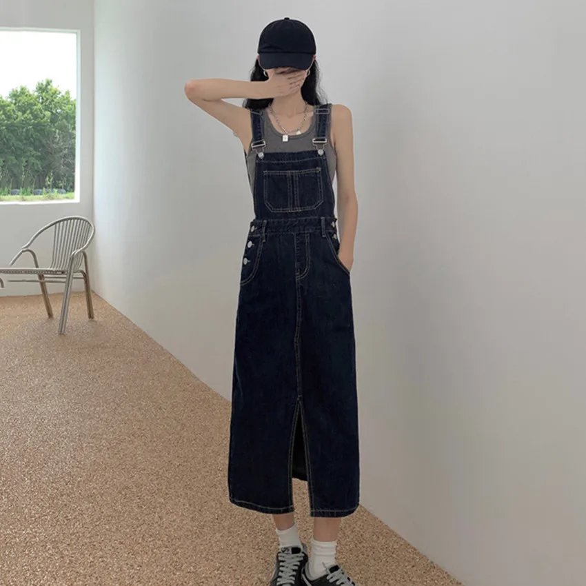 2022 New Fashion Designer Long Denim Dresses Women Sleeveless Sundress Korean Style Vintage Jeans Dress Vestidos