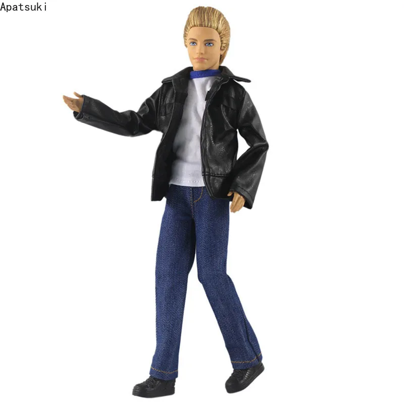 

Black Leather Coat for Ken Doll Accessories Toys Fashion Clothes Set For Ken Boy Doll Outfits White t-shirt Jeans Denim Pants