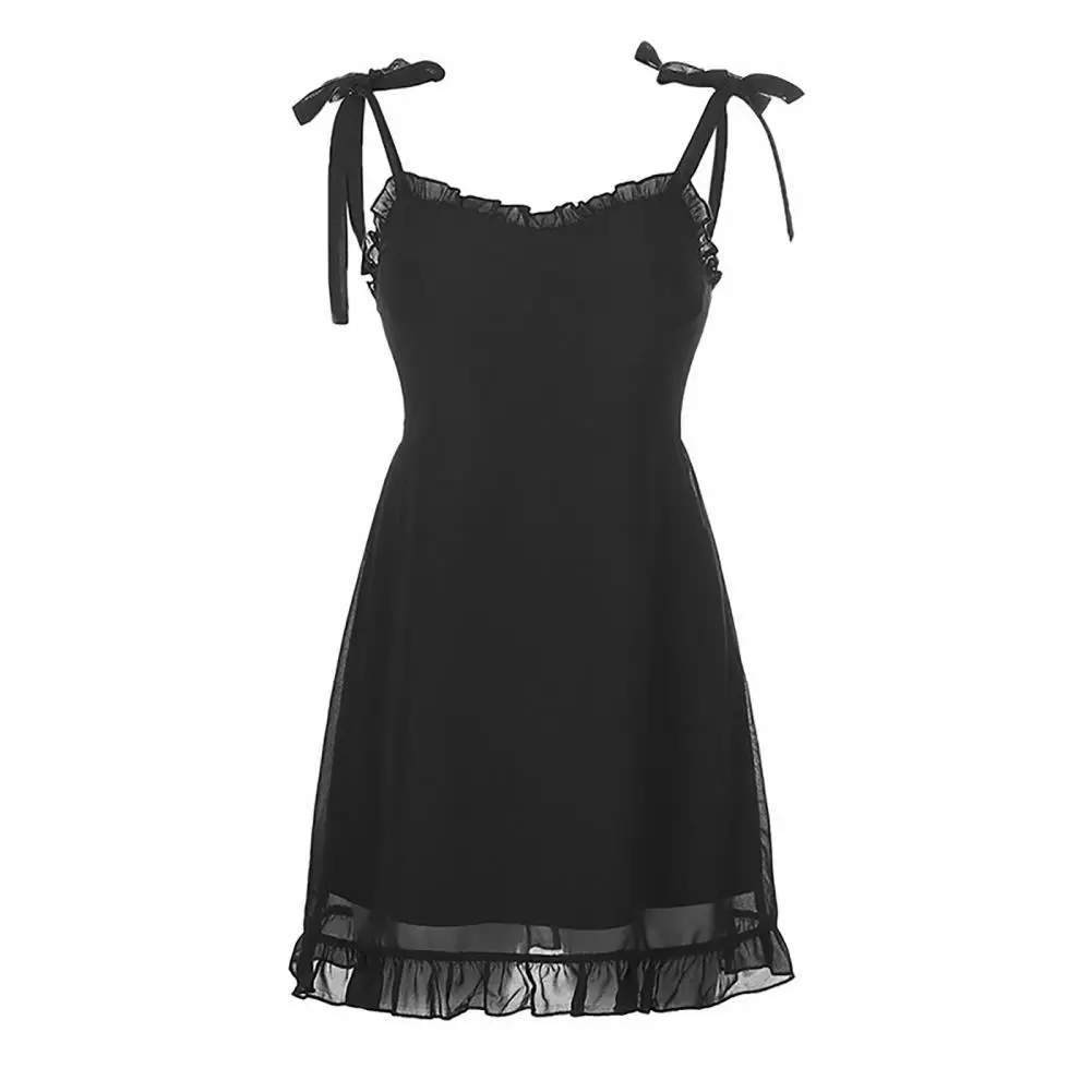 

Women Elegant Mini Dress Sleeveless Spaghetti Straps Backless Solid Color Ruffle Hem A-line Dress for Party Streetwear