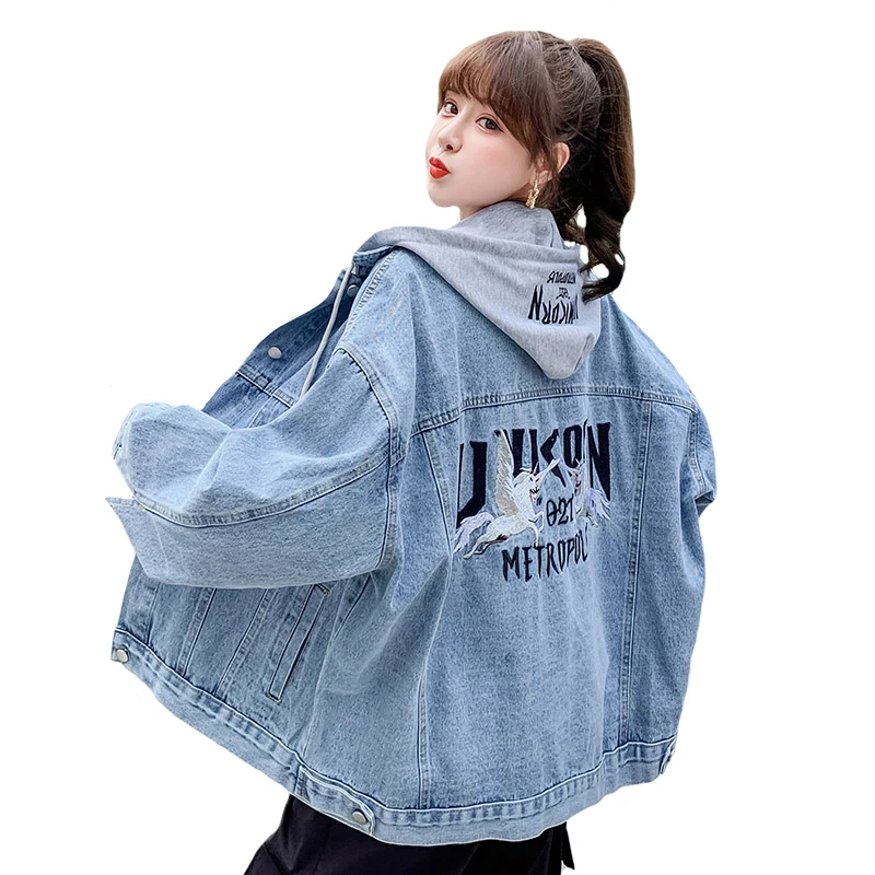 

Embroidered Denim Jackets Women Spring Autumn Outside Wear NEW Loose BF Medium Long Removable Cap Cowboy Jacket Tops Streetwear