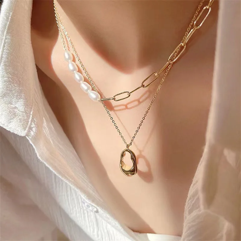 

Gold Pearl Necklace for Women Girls Thick Curb Link Chains Padlock Necklace Pendant Clavicle New Fashion Jewelry Wholesale Gifts
