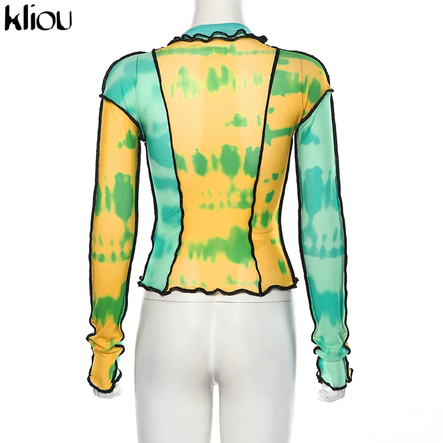 Kliou new Breathable women print t-shirt mesh material ruffles turtleneck full sleeve crop top female sexy Slim fit tops