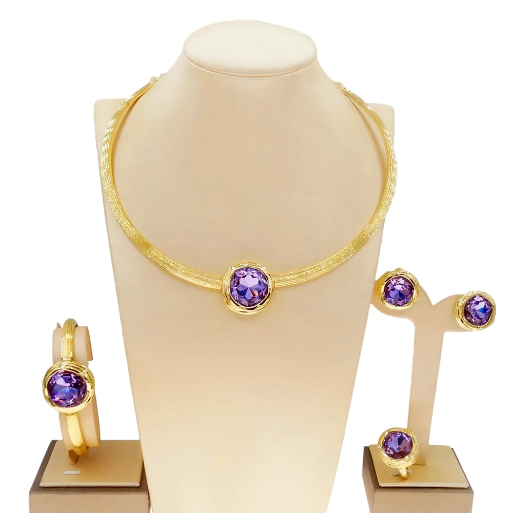 

Yuliali New Dubai Gold Purple Gem Necklace Jewelry Set Latest Factory Wholesale Exquisite Women Wedding Dating Jewellery Sets