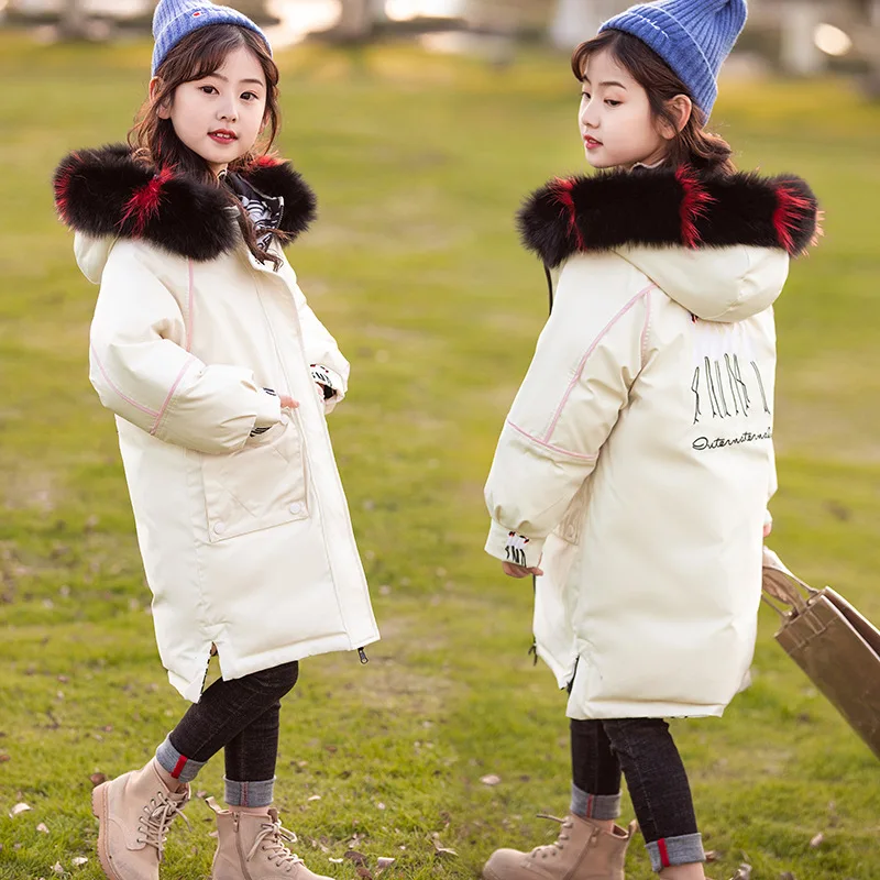 

Children's Down Jacket Real Fur Hooded Coats Girls Winter Down Parka Double Side Wear Thicken Long Waterproof Outerwear TZ554
