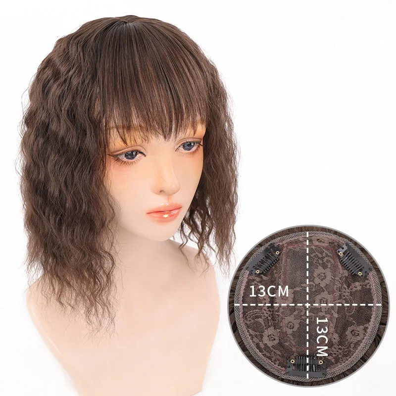 

Natural Black Brown Human Hair Topper With Bangs Clip In Hair Extensions Hairpieces Heat Resistant Fiber For Women