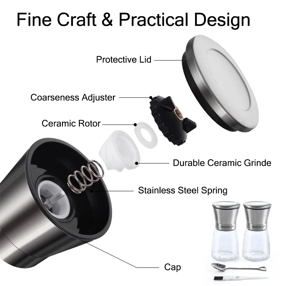 Newvenper Premium Stainless Steel Salt and Pepper Grinder Set Adjustable Spice Grain Mills Grinding Core Mill Kitchen Tools | Дом и сад