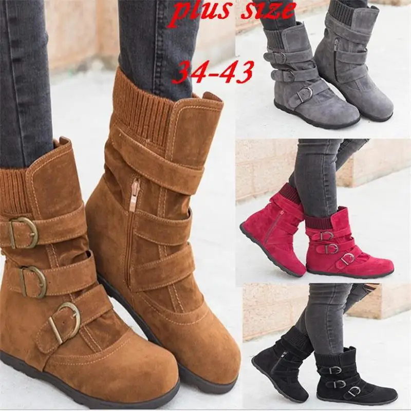 

New Women Warm Snow Boots Arrival Flat Plush Casual Ladies Shoes Plus Size Autumn Winter Buckle Female Mid Calf Boots