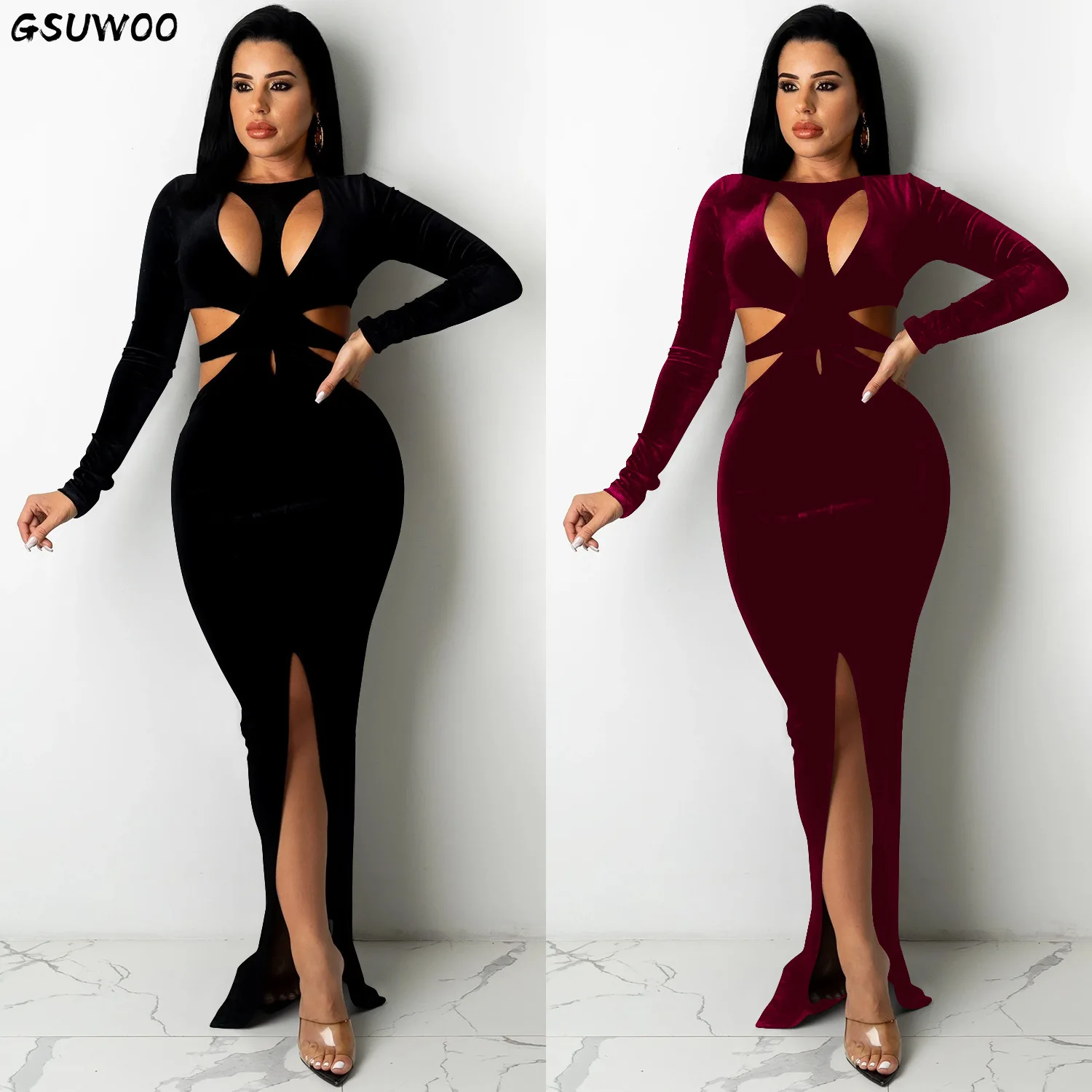 

GSUWOO Elegant Velvet Long Sleeve Zip Cut Out Bandage Maxi Dress Women Sexy Hollow Out Backless Party Club Long Dresses Vestidos