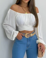 2021 spring autumn sexy off shoulder ruched lantern sleeve crop top loose casual womens ladies shirt daily wear