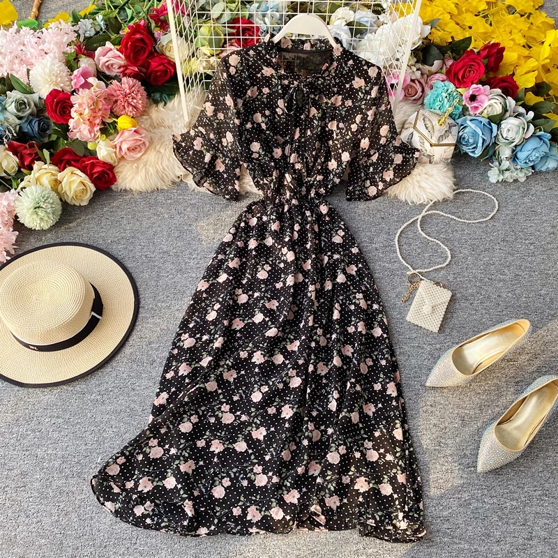 

Chiffon Literature and Art Vintage Loose Big Fairy Flared Sleeve Floral Dress Short Sleeves summer dress Office Lady Empire