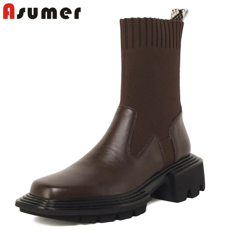 

Asumer 2021 new fashion low heel casual shoes women genuine leather boots square toe simple comfortable ankle boots woman