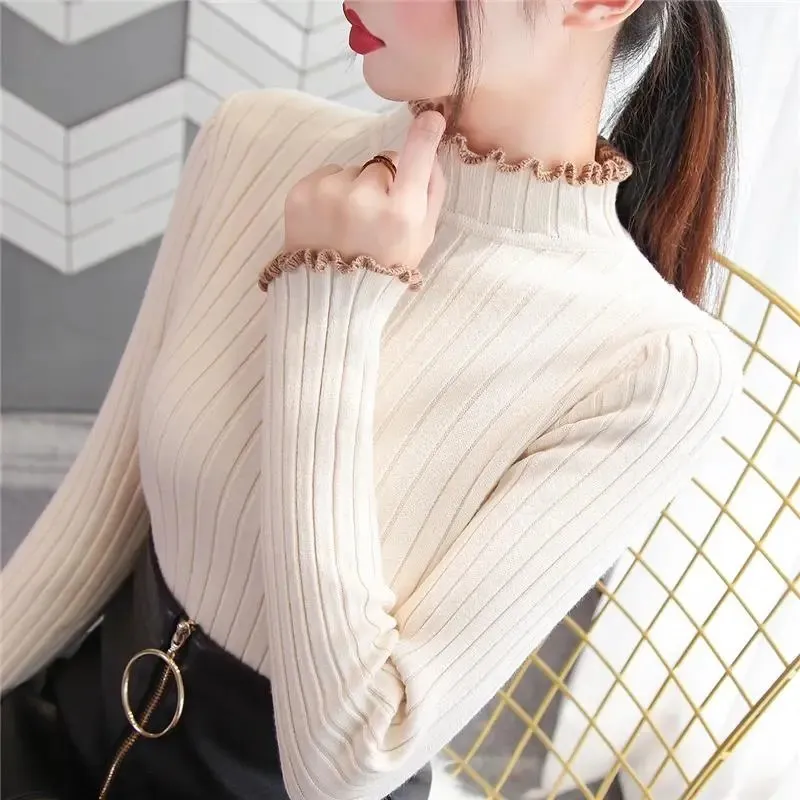 

2021 Autumn Winter Pullover New Women's sweater Slim Casual Ruffle Long Sleeve High Collar Warm Bottoming sweater Female Tops