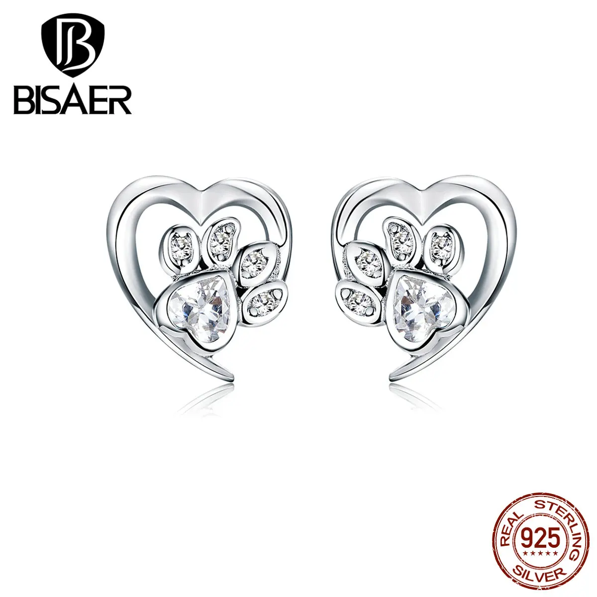Серьги "отпечатки пальцев" BISAER 925 пробы серебряные собачьи следы серьги гвоздики для женщин кубический циркон ювелирные изделия ECE654-WH