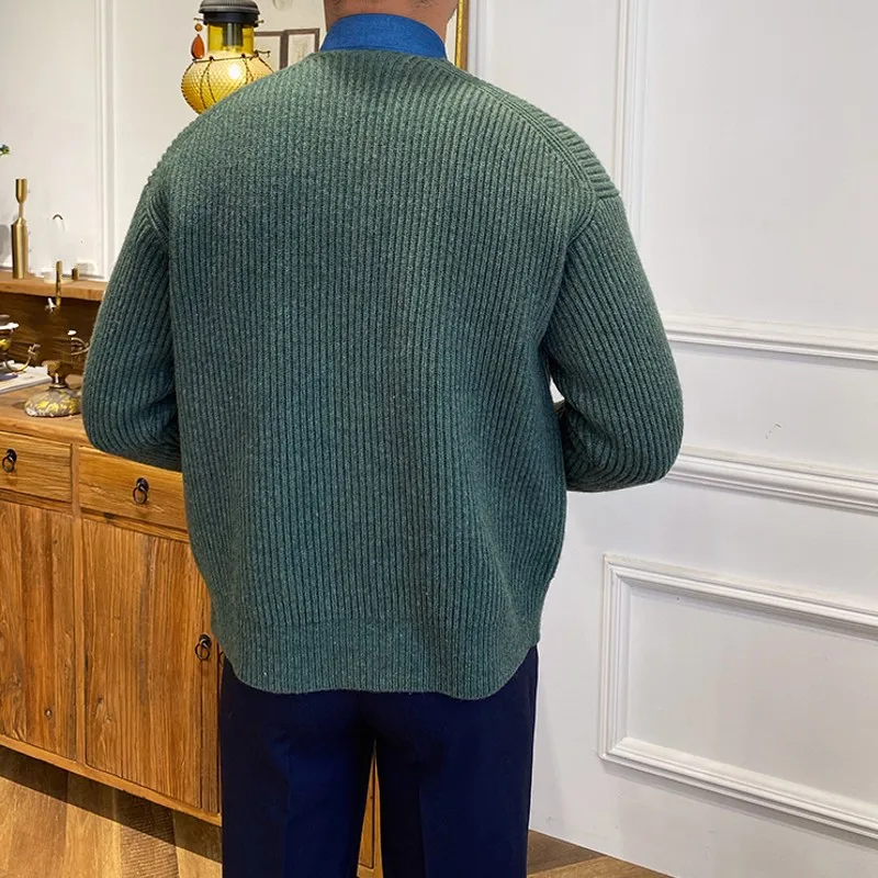 

New Mens British Style Slim Vintage Casual Knitted Sweater O-Neck Zippers Pockets Korean Style High Quality Fashion Coat