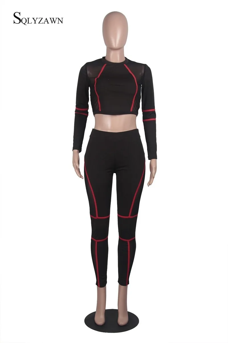 2019 New Mesh Patchwork Women's Sporty Suits Long Sleeve Crop Top T-shirt Jogging Women Fitness Joga Mujer Training Set | Женская