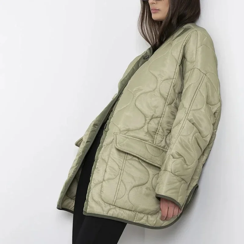 2021 Winter Women's Winter Jackets Patchwork Quilted Coats Big Pocket Oversized Down Parkas Armygreen Cotton Padded Parka