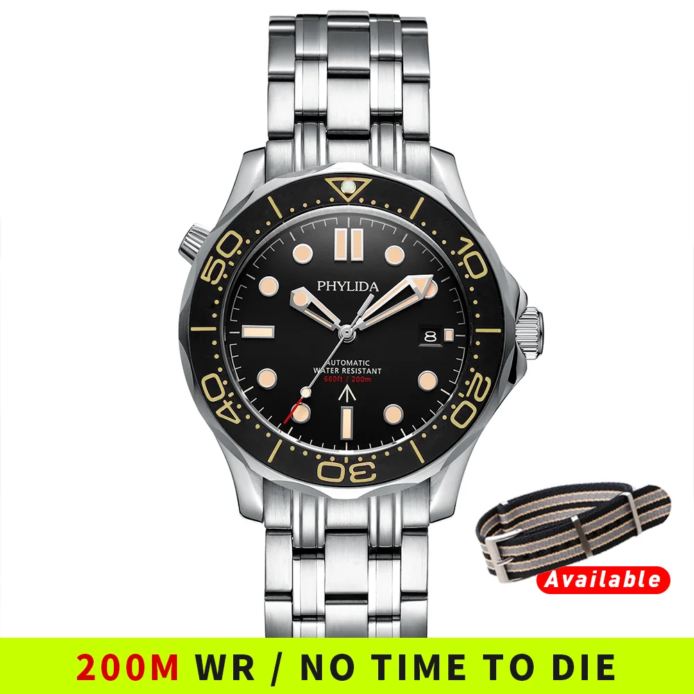 

PHYLIDA Black Dial MIYOTA or PT5000 Automatic Watch DIVER NTTD Style Sapphire Crystal Solid Bracelet Waterproof 200M