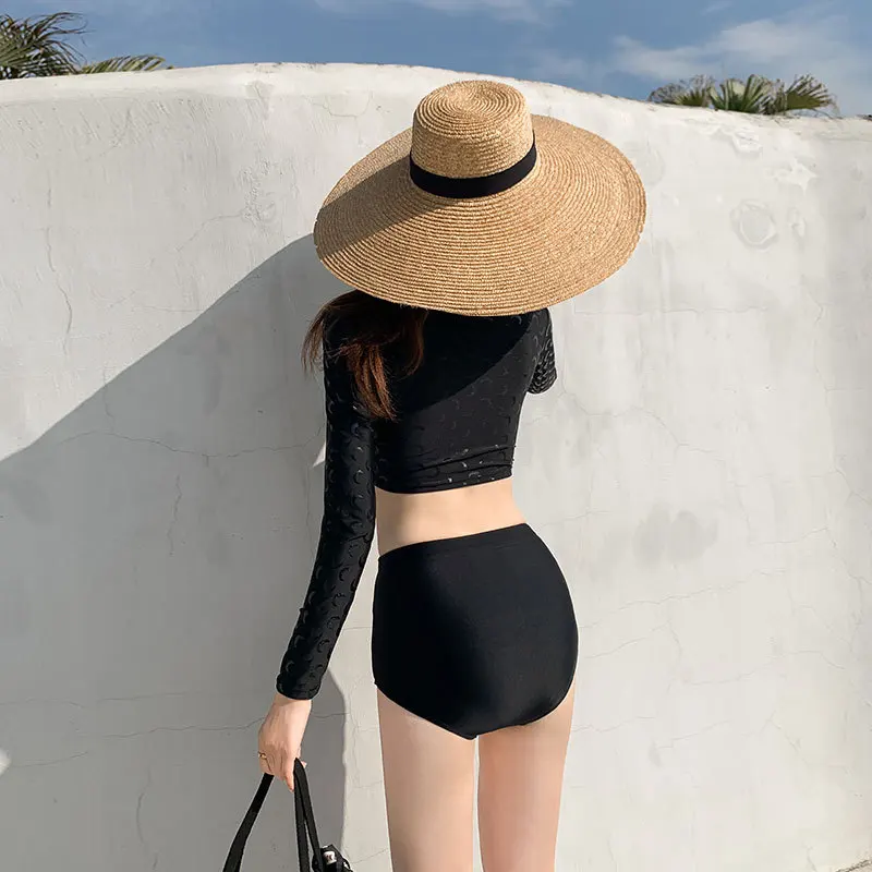 

Swimsuit Women 2021 Bikini Set 2 Piece Female Swim Wear New Korean Moon Print Black Cover Long Sleeve Hot Split Girl Polyester