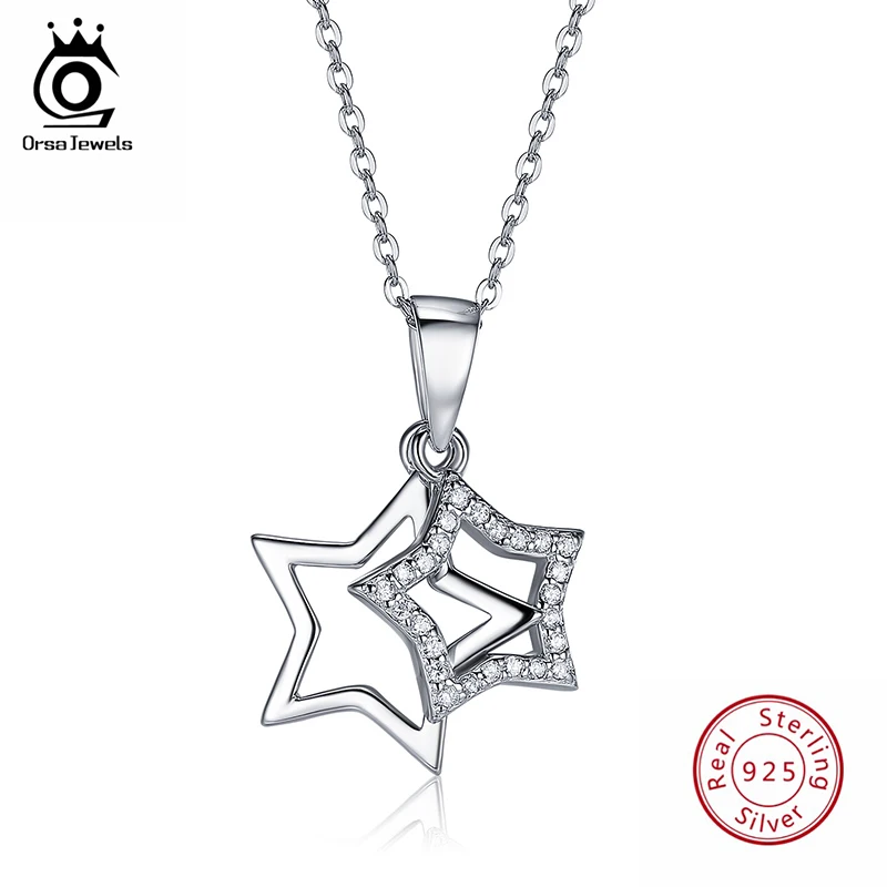 

ORSA JEWELS 925 Sterling Silver Pendant Necklaces For Women Star Shape Romantic Wedding Necklace With AAA Zircon Jewelry OSN82