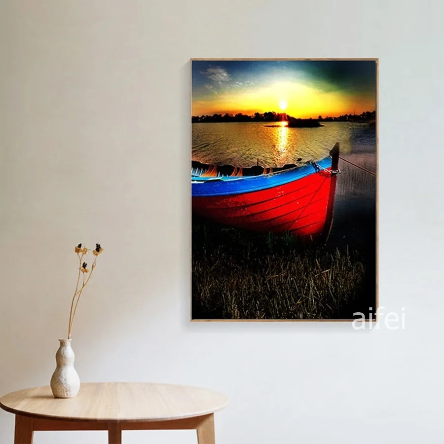 Nordic художественное украшение для дома плакат довольно лодка рисунок озера закат