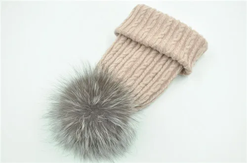 Pink silver fox fur Вязаная Шерстяная Шапка из натурального меха енота, шапка с помпоном для женщин и девочек, новинка, осенняя, весенняя, зимняя женская меховая шапка - Цвет: Pink silver fox fur