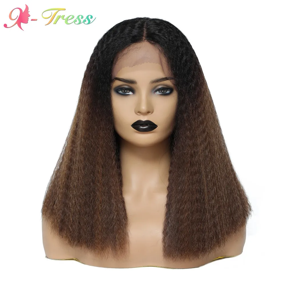 

X-TRESS Synthetic Lace Front Wig Kinky Curly Middle Part Lace Wigs for Black Women Blunt Cut Ombre Brown Hair Wig Heat Resistant