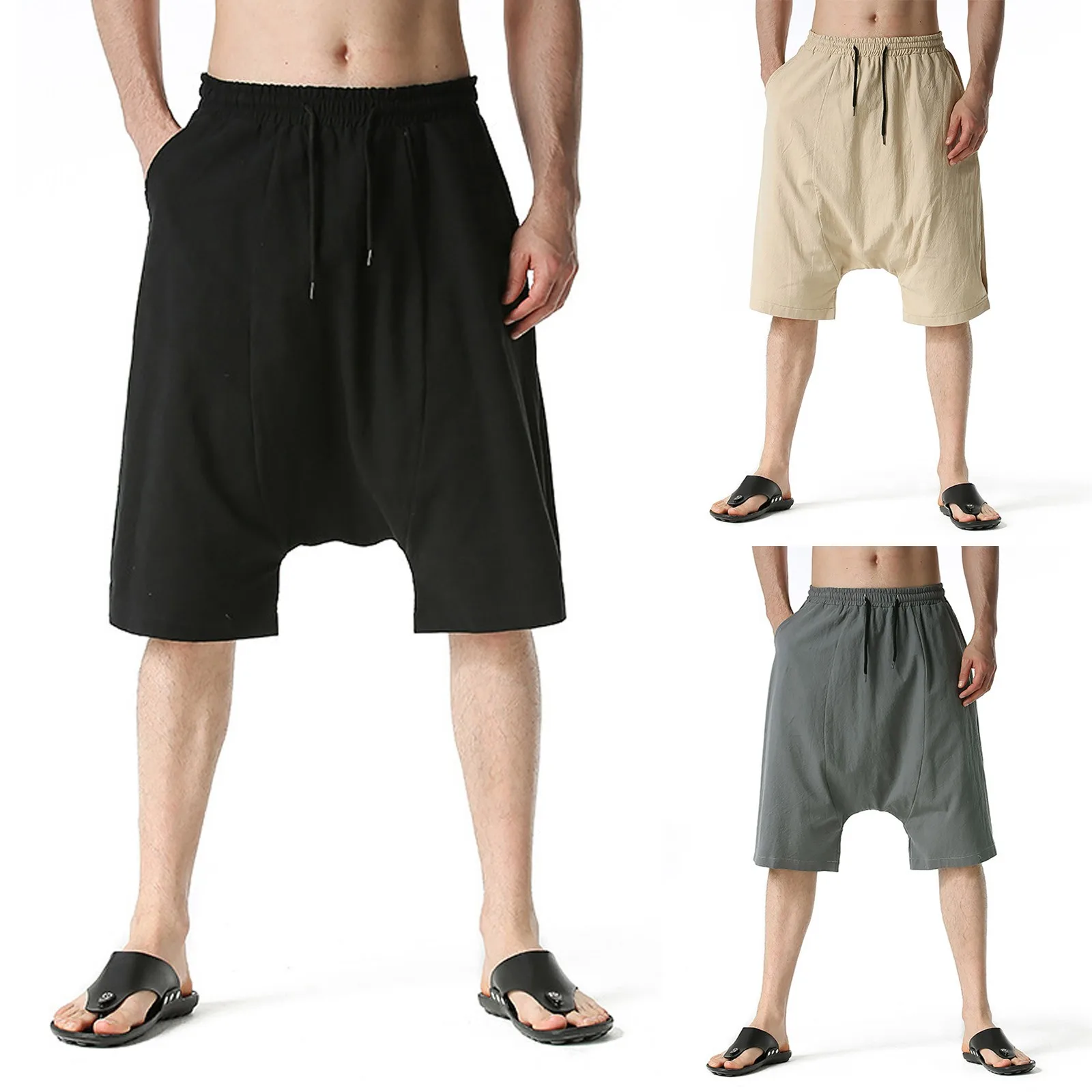 

Men's Sports Shorts Street Wear Casual Drawstring Solid Shorts Loose Pocket Knee Length Harem Pants Shorts Summer pants