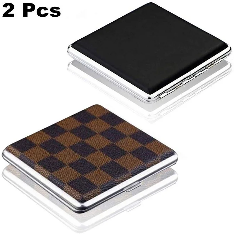 2 Pcs Кожаный чехол для хранения сигарет вмещает 20 шт. сигарет двухсторонний нержавеющий ящик для сигарет Карманный держатель для табака - Цвет: 2 Pcs